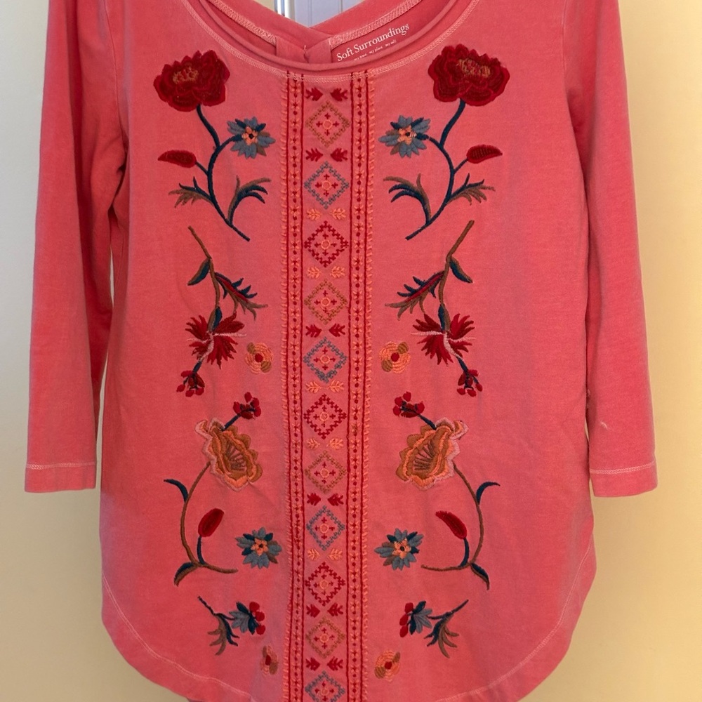 Soft Surroundings Coral Floral Embroidered Long Sleeve T Shirt